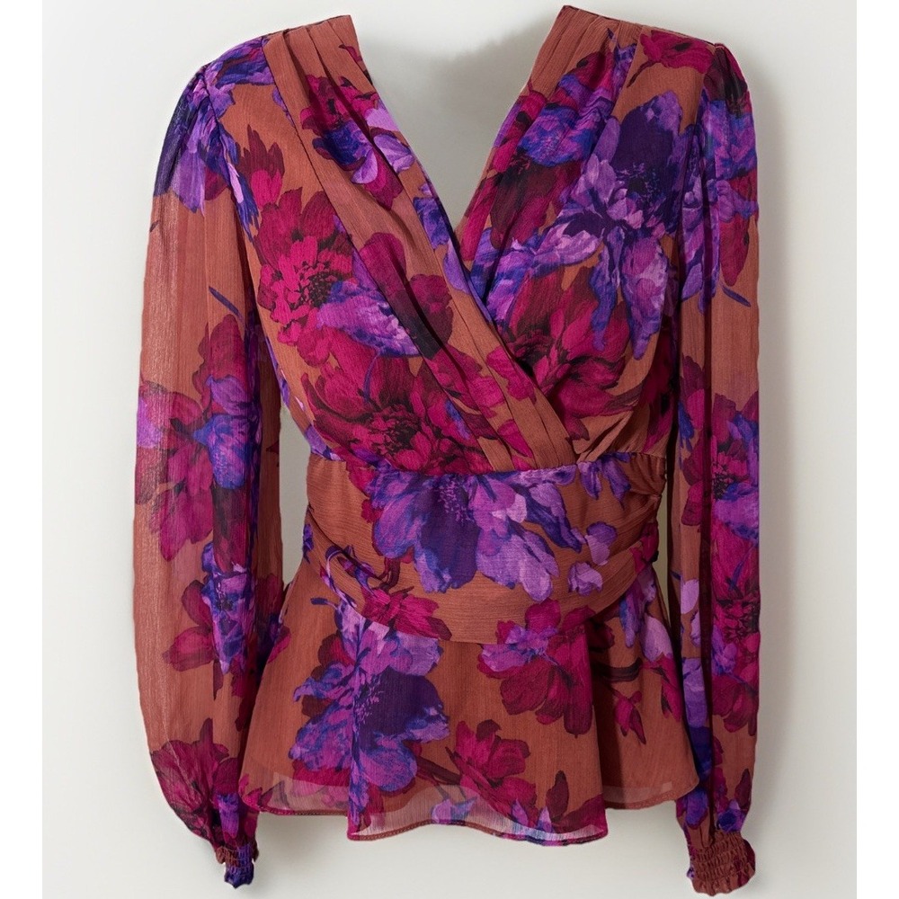 Sofia Jeans by Sofia Vergara Floral‎ Peplum Blouse Purple Pink XS Surplice Top